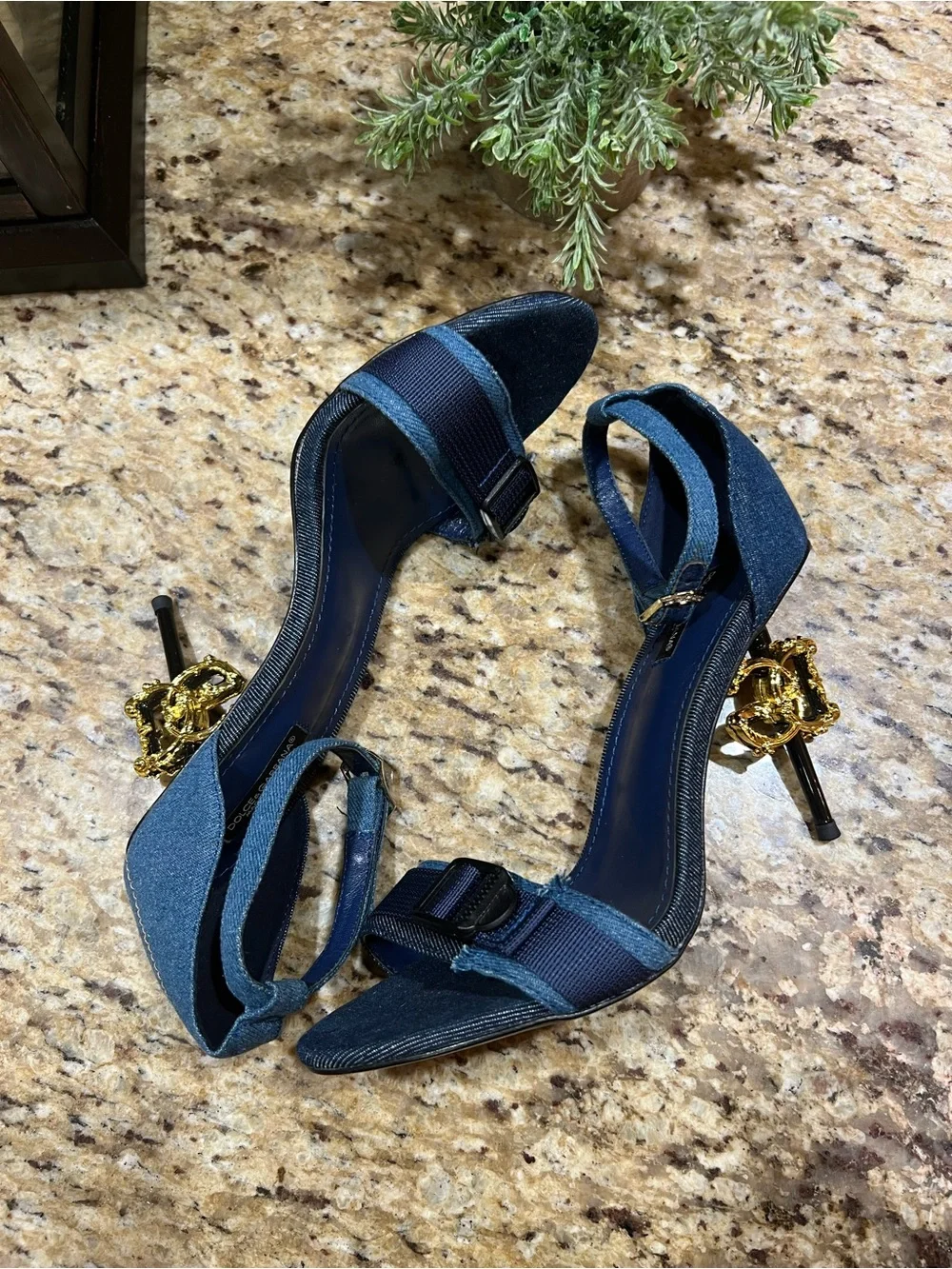Dolce& Gabbana Patchwork Denim Sandals w/ Baroque DG Heels 40
